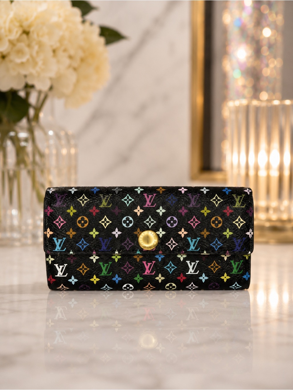 Louis Vuitton x Murakami Multicolor Sarah Wallet | Black Monogram | Full Set